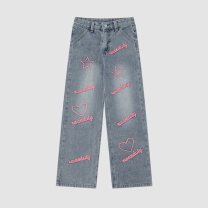 Letter and Star Embroidered Design Jeans