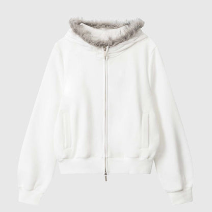 Faux Fur Trim Hooded Zip-Up Jacket