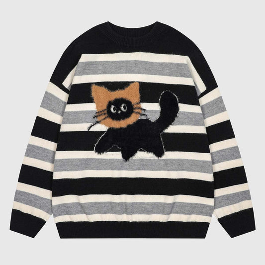 Cat Striped Knit Sweater