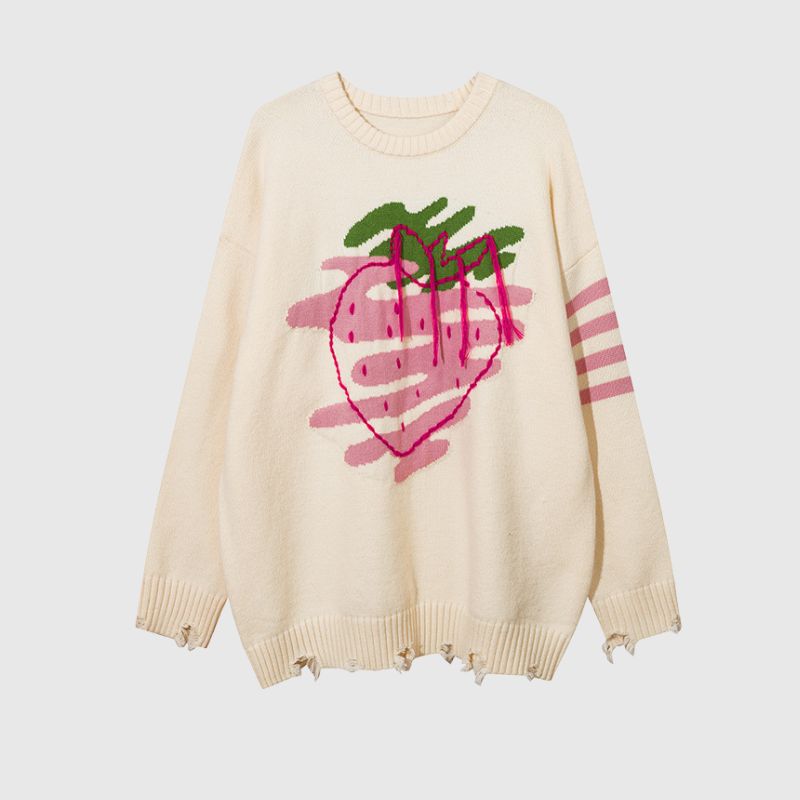 Embroidered Strawberry Jacquard Sweater