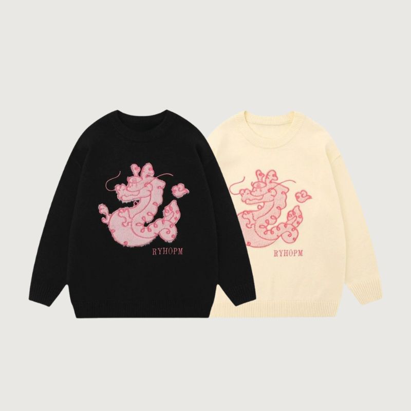 Cartoon Dragon Embroidered Knit Sweater