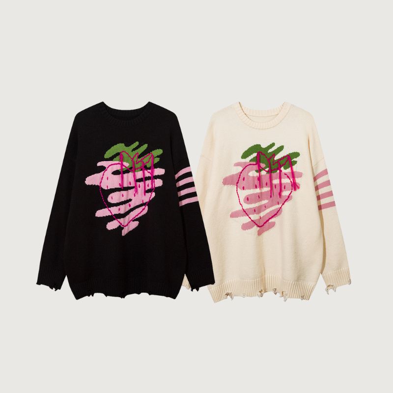 Embroidered Strawberry Jacquard Sweater