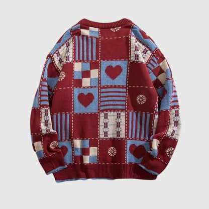 Color-Block Heart Embroidered Knit Sweater