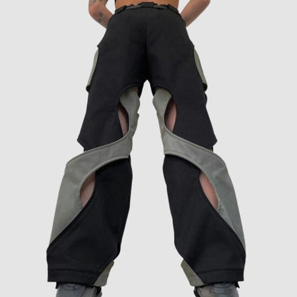 Irregular Hollow Out Color Contrast Cargo Pants