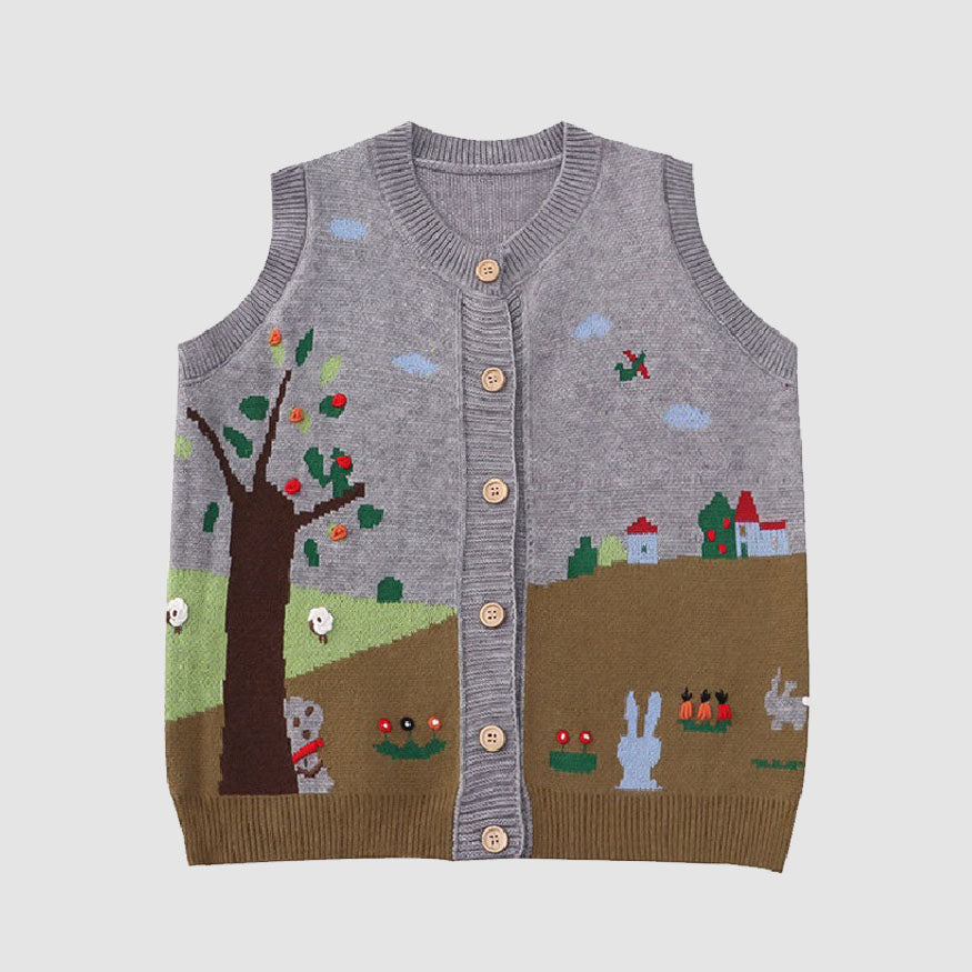 Pastoral Illustration Vest Sweater