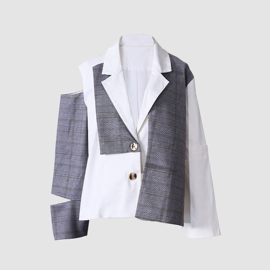 Plaid Pattern Patchwork Cut Out Blazer