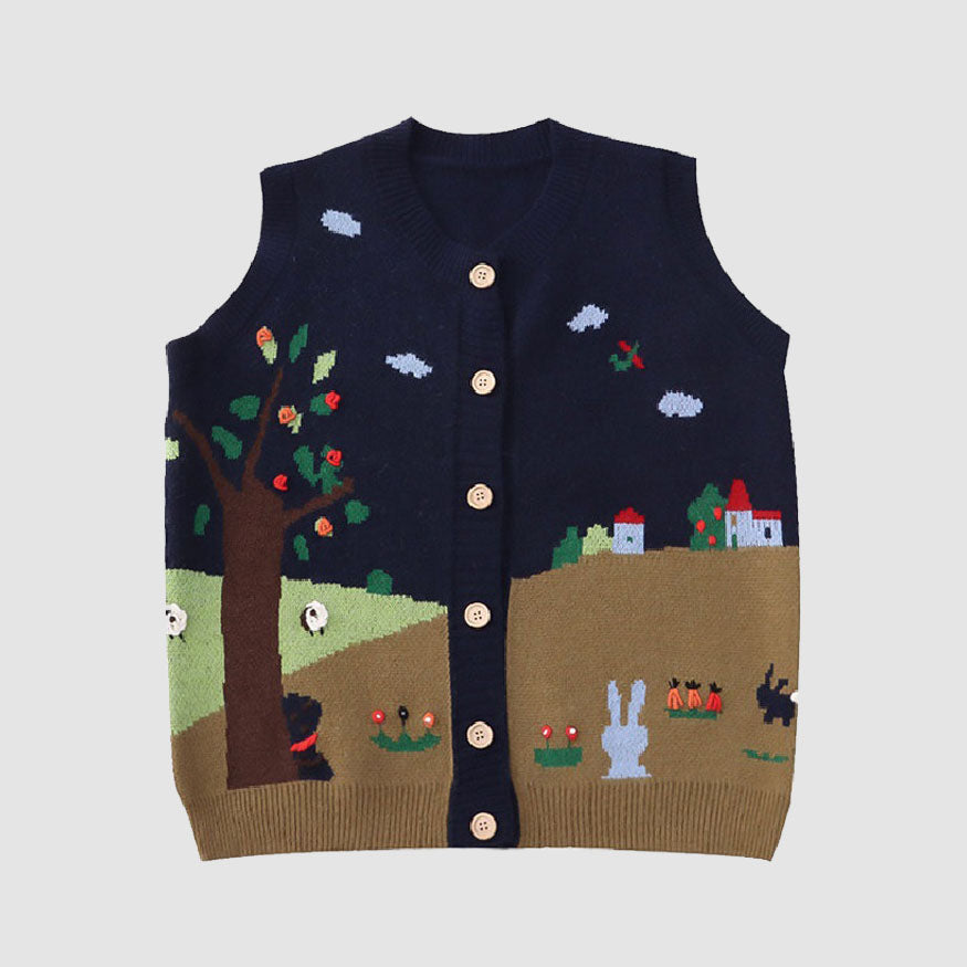 Pastoral Illustration Vest Sweater