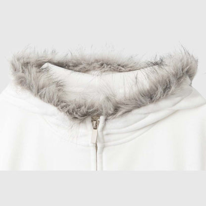 Faux Fur Trim Hooded Zip-Up Jacket