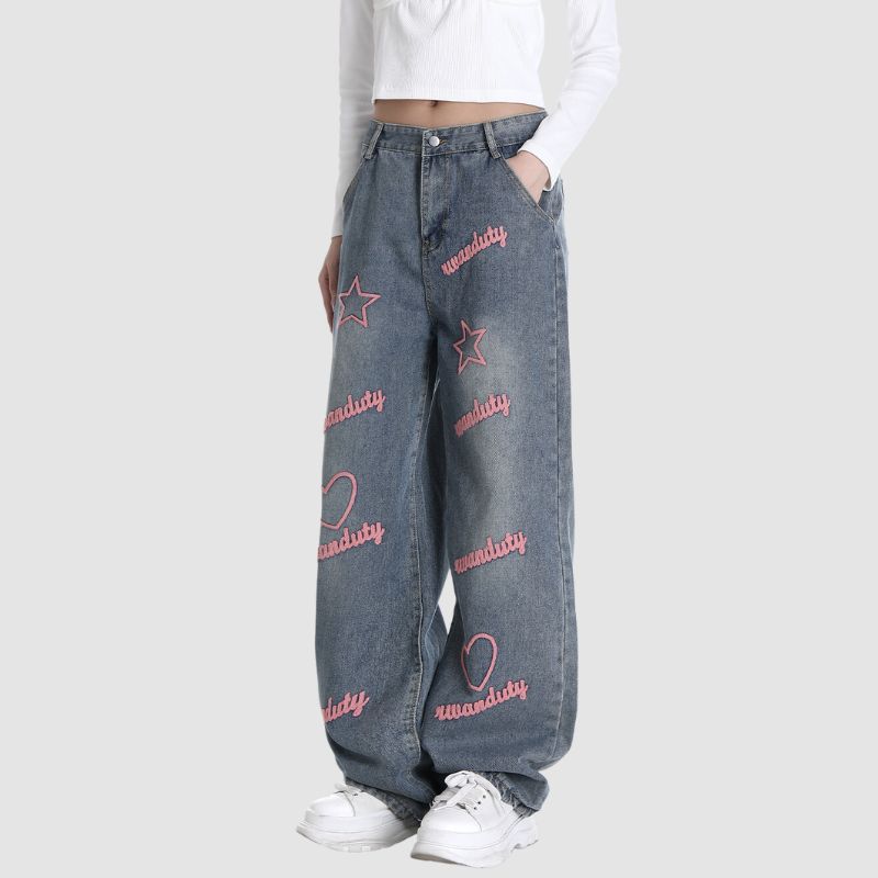 Letter and Star Embroidered Design Jeans