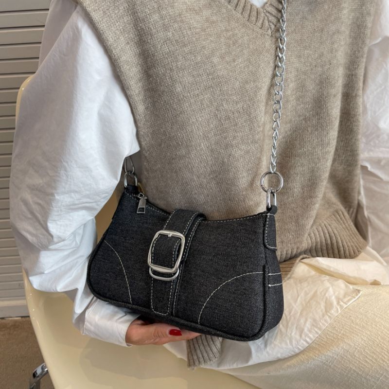 Denim Shoulder Baguette Bag