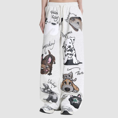 Puppy Pattern Printed Wide Leg Pants